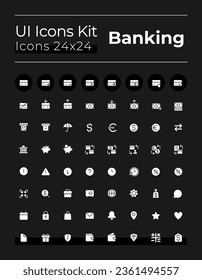 Banking and finance white glyph ui icons set for dark mode. Silhouette symbols on black background. Solid pictograms for web, mobile. Vector isolated illustrations. Montserrat Bold, Light fonts used
