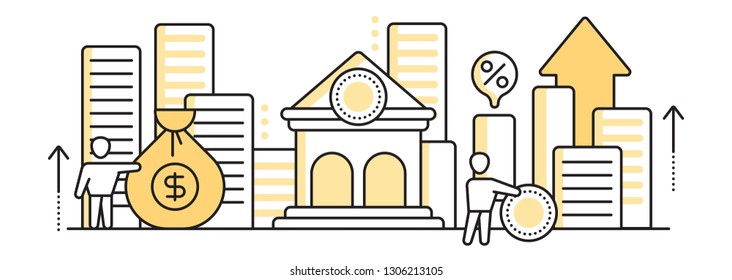 Banking, finances and investments. Line style illustration, web banner.