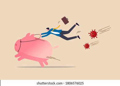 Banking, Financial Activities And Risk Management In COVID-19 Coronavirus Pandemic Crisis Concept, Success Businessman Riding Fast Running Pink Piggy Bank To Sprint From Coronavirus COVID-19 Pathogen.