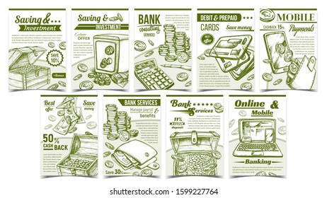 Banking Financial Collection Banners Set Vector. Debit And Credit Cards, Laptop And Pen, Phone And Calculator, Laptop And Mobile, Wallet, Safe Financial Advertising Posters. Monochrome Illustrations