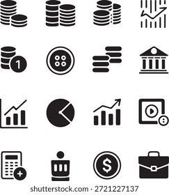 Conjunto de iconos de Vector de silueta de análisis de datos bancarios y financieros para App comerciales