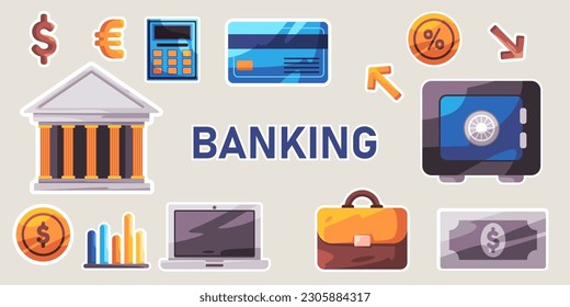 Banking financial economy sector icon set sticker illustration of finance worker symbol of wealth and money