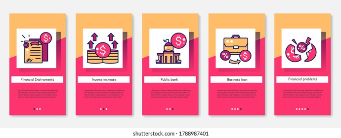 Banking, financial instruments and loan onboarding mobile app screens. Personal and business investment strategy information steps menu. Set of UI, UX, web template with RGB color linear icons.