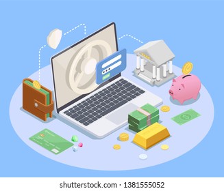 Banking financial isometric composition with images of laptop computer icons of still bank wallet and money vector illustration