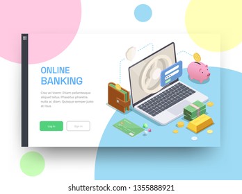 Banking financial isometric landing page design background with clickable buttons editable text and account-related images vector illustration