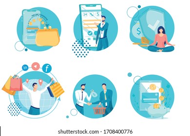 Banking and Financial Management Symbols Set. Business People Cartoon Characters Manage Budget, Procurement and Financial Operations. Security and Cash Back Program. Flat Vector Illustration.