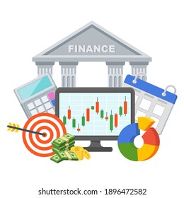 Banking and Financial market. Stock quote. Exchange trades. Exchange difference. Raw material price. Flat vector illustration.