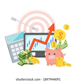 Banking and Financial market. Stock quote. Exchange trades. Investment, increased income and financial success. Flat vector cartoon illustration.