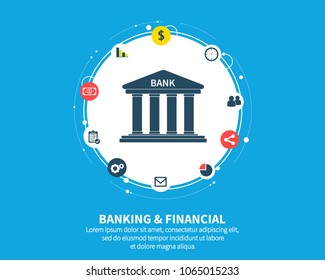 Banking and financial mechanism. Abstract background with connected gears and integrated flat icons. symbols for money, card, bank, business and finance concepts. Vector interactive illustration