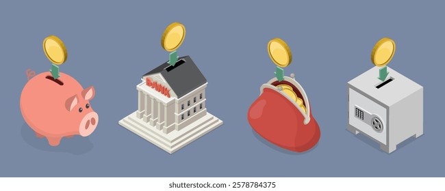 Banking and financial savings or deposit concept. Piggy bank, safe, purse and bank building with coin. 3d flat isometric vector illustration.