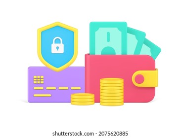 Banking Financial Security Money Protect With Cash Wallet And Credit Card Emoney 3d Icon Isometric Vector. Shield Badge Bank Application Safety Currency And E Payment Online Transaction Isolated