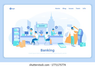 Banking Financial services. Money exchange, transfer, payment, accounts operation. Bank office interior, finance managers and clients. Man with a credit card near an ATM. landing web page template.