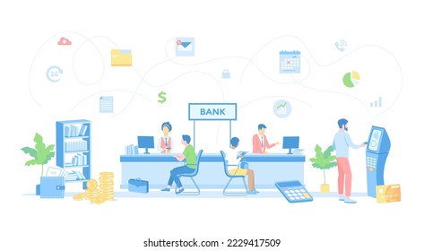 Banking Financial services. Money exchange, transfer, payment, accounts operation. Bank office interior, finance managers and clients. Vector illustration flat style.	
