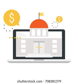 Banking and financial services. Online banking technology, bank building, internet financial service, financial investments flat vector illustration design for mobile and web graphics