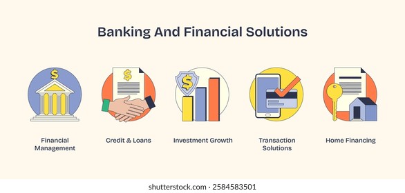 Banking and financial solutions depicted with icons like bank, handshake, and graph. Neubrutalism style.