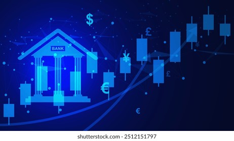 Banca y tecnología financiera. Transferencia digital, banca en línea y concepto global de intercambio de dinero en línea con gráfico de velas. Ilustración vectorial