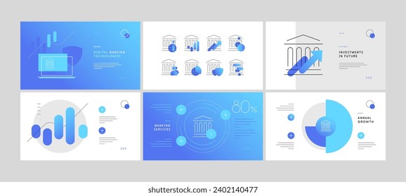 Banking and fintech. Set of infographic slides for presentation or annual report. Vector file.