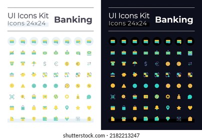 Banking flat color ui icons set for dark, light mode. Money transactions and operations. GUI, UX design for mobile app. Vector isolated RGB pictograms. Montserrat Bold, Light fonts used