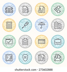 Banking flat contour icons on color buttons.
