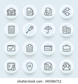Banking flat contour icons on blue background.