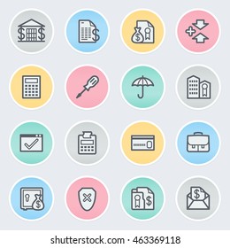 Banking flat contour icons on color stickers.