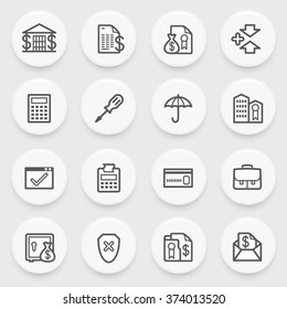 Banking flat contour icons with white buttons on gray background.