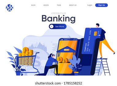 Banking flat landing page. People using banking mobile application for payment vector illustration. Online credit card operations, money transactions web page composition with people characters.