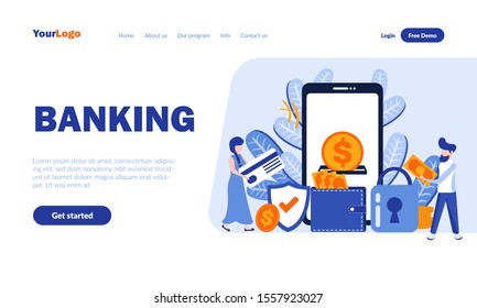 Banking flat landing page template with header. Financial online service web banner, homepage design. E-pay, contactless payments vector illustration. Personal bank account, e-commerce concept