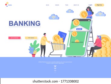 Vorlage für Bankflachlandungen. Online-Zahlung und Finanztransaktionen mit mobilen Bankanwendungen. Webseite mit Personenzeichen. Kredit- und Einlagenvektorgrafik.