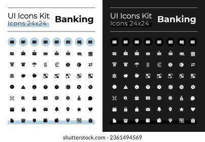 Iconos de glifo de banca ui establecidos para el modo oscuro y claro. Transacciones de dinero. Símbolos de silueta para la noche, temas del día. Pictogramas sólidos. Ilustraciones aisladas de vectores. Montserrat Negrita, fuentes ligeras usadas