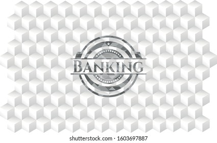 Banking grey emblem. Retro with geometric cube white background