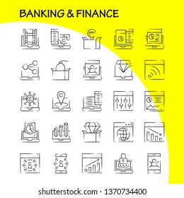 Banking Hand Drawn Icon Pack For Designers And Developers. Icons Of Bank, Banking, Internet, Internet Banking, Laptop, Security, Lock, Vector