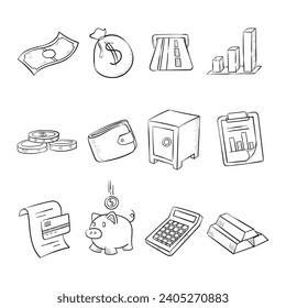 Banking hand drawn icon set. Suitable for banking and finance design element.