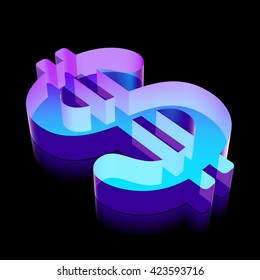 Banking icon: 3d neon glowing Dollar made of glass with reflection on Black background, EPS 10 vector illustration.