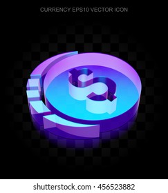 Banking icon: 3d neon glowing Dollar Coin made of glass with transparent shadow on black background, EPS 10 vector illustration.