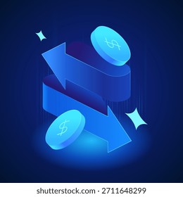 Icono de la banca. Las flechas bidireccionales con monedas simbolizan la conversión de divisas, los pagos internacionales y las operaciones de intercambio financiero en App bancarios, tableros de instrumentos de divisas y plataformas de transferencia de dinero