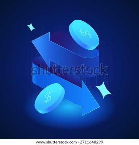 Banking icon. Bidirectional arrows with coins symbolize currency conversion, international payments, and financial exchange operations in banking apps, forex dashboards, and money transfer platforms