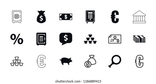 Banking icon. collection of 18 banking filled and outline icons such as money, euro, safe, money sack, dollar search, gold, percent. editable banking icons for web and mobile.