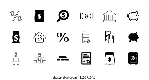 Banking icon. collection of 18 banking filled and outline icons such as safe, signed document, search dollar, money sack, money. editable banking icons for web and mobile.