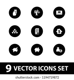 Banking icon. collection of 9 banking filled icons such as credit card, bank, money tree, gold, money box, creadit card payment. editable banking icons for web and mobile.