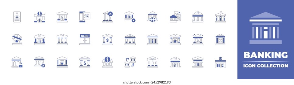 Icono bancario colección. Trazo de línea de estilo duotono y negrita. Ilustración vectorial. Contiene banco, Transferencia bancaria, banca, banca en línea, subbancarizada, banca móvil, extracto bancario.