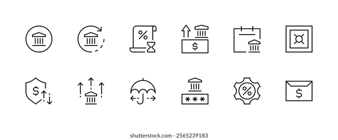 Banking icon collection. Finance icon set. Bank building, payment, loan, income, invoice, transfer, financial statement and more. Editable stroke. Pixel Perfect. Grid base 32px.