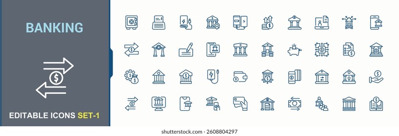 Banking icon. Contains such symbols as pay, currency, wealth, finance, exchange and more. Bank linear icon collection. Sign and Symbol. Minimalist editable stroke. Pixel Perfect.