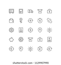 Banking Icon Design Vector Symbol Set including vault, safety box, atm, machine, money, van, cash out, briefcase, dollar, wallet, growth, investment, currency, exchange, management, bill, receipt, tax