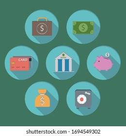 Banking icon. Modern design vector illustration flat icon set with long shadow style of financial service items, business management symbol, banking accounting and money objects.