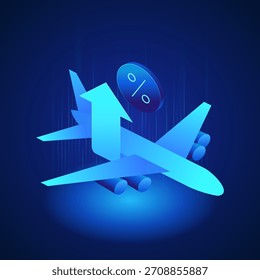 Icono de la banca. Avión, signo de dólar y símbolo de porcentaje enfatizan las ofertas de reembolso en compras de boletos aéreos, ahorros en viajes y beneficios para el usuario para banca digital, tarjetas y programas de lealtad