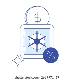 Banking icon. Safe, dollar coin, and percentage sign represent increased deposit rates for new money, highlighting secure fund storage, profit potential, and financial incentives in banking services