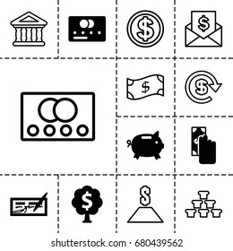 Banking icon. set of 13 filled and outline banking icons such as credit card, money tree, bank, dollar, money box, cash payment, dollar coin, envelope with dollar bill