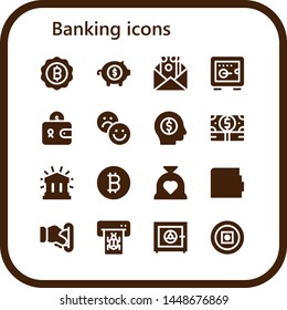 banking icon set. 16 filled banking icons.  Simple modern icons about  - Bitcoin, Piggy bank, Money, Safebox, Wallet, Rate, Financial, Budget, Insert coin, Atm, Safe box