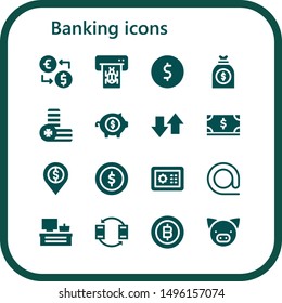 banking icon set. 16 filled banking icons.  Collection Of - Money exchange, Atm, Coin, Money bag, Coins, Piggy bank, Transfer, Dollar, Bank, Safebox, At, Cash register, Bitcoin